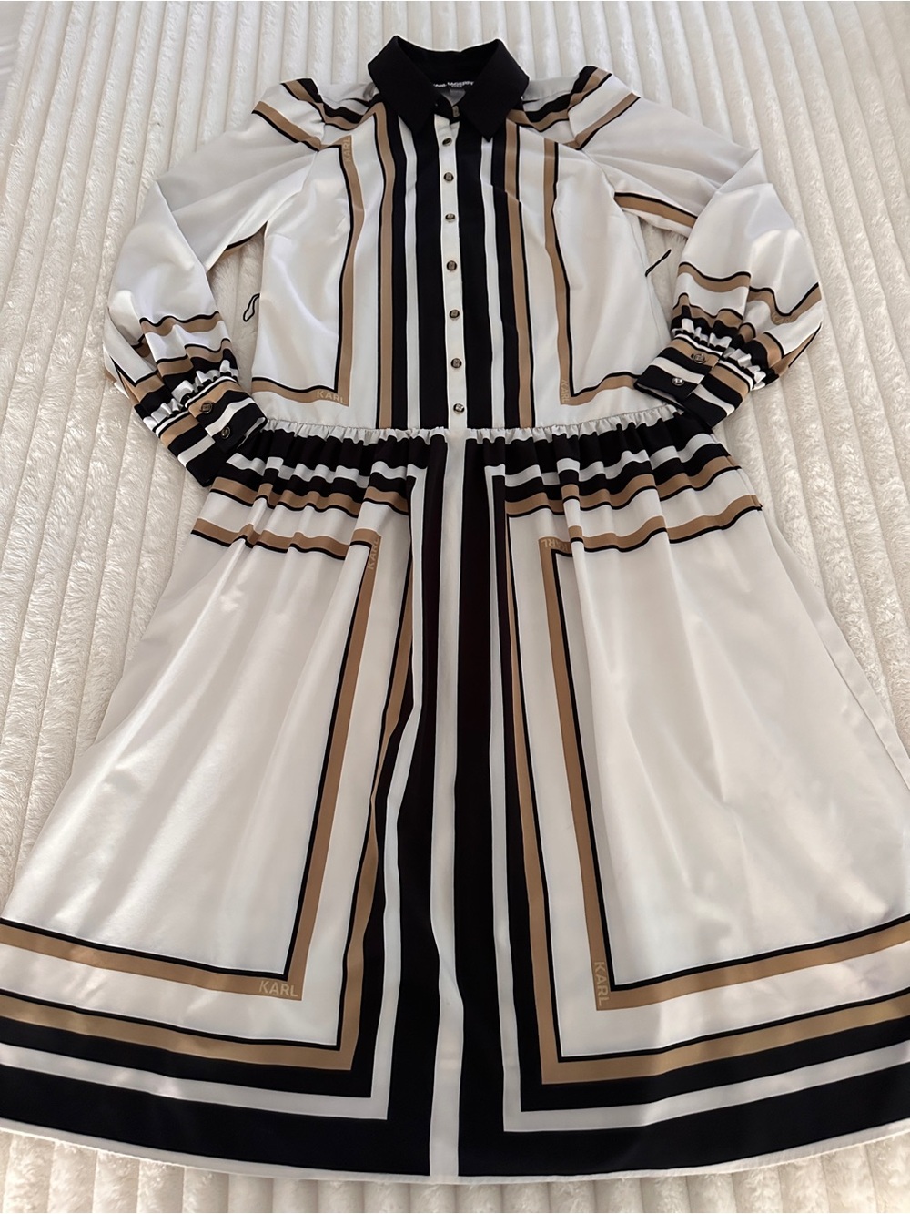 Karl Lagerfeld Paris White Midi Shirt Dress with Black and Tan Stripes - Picture 6 of 14